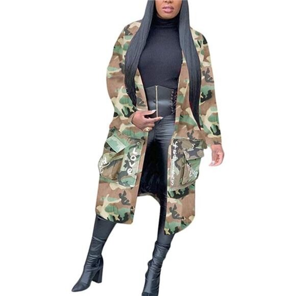 Women Long Sleeve Open Front Cardigan Coat Classic Pockets Overcoat Outwear